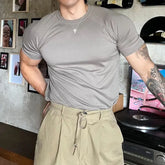 Hearujoy Mens Cotton Blended Shaping Casual Slim T-Shirt Genderless 2024 New Fashion Streetwear Solid Color Stretch Simple Top Unisex